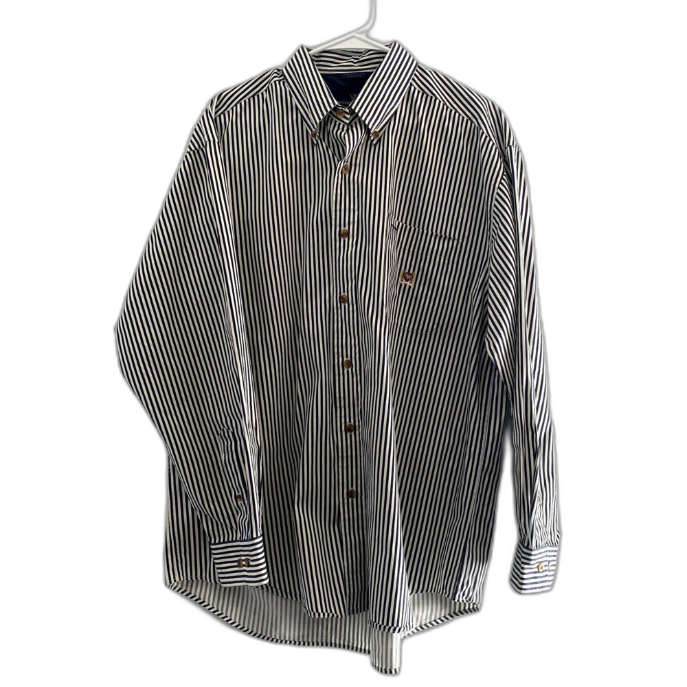 Vintage Woods & Woods Striped Button Down Shirt Navy Blue Academia Size Large